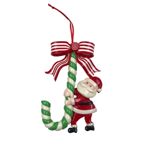 Christmas tree hanging ornament featuring Santa Claus climbing a green candy cane