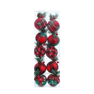 Christmas ball ornament set with red and green plaid patterns and natural pine cones