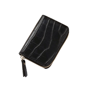 Mini black crocodile pattern leather card holder with gold zipper and minimalist design