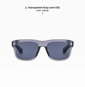 Front view of square transparent grey sunglasses with dark smoke lenses and metal hinges