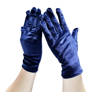 Detailed view of elastic blue-purple velvet gloves showing texture and premium soft finish