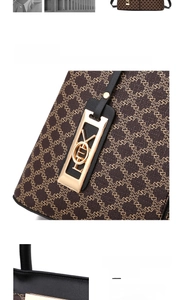 Detail of vintage tote bag showing gold plated hardware with elegant logo charm