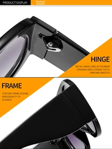 Detail shot of sturdy metal hinges and thick black glossy frame on oversized sunglasses