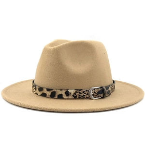 Detail of khaki wool fedora hat featuring a leopard print belt and silver metal buckle