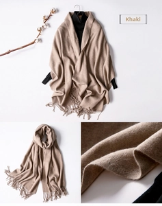 Detail view of khaki wool scarf featuring soft cashmere texture and delicate fringe trim