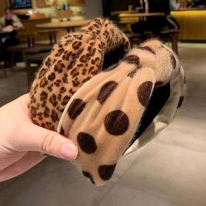 Plush leopard and polka dot knotted wide headbands in stylish brown tones for women