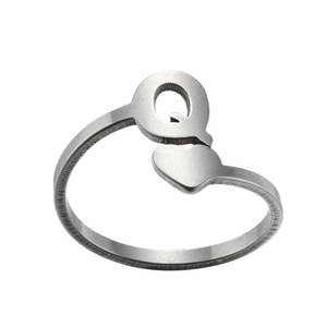 Detail view of silver stainless steel open ring with letter A and heart shaped design