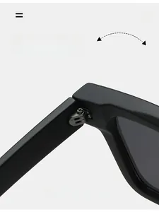 Detail of durable metal reinforced hinge on black matte rectangular sunglasses