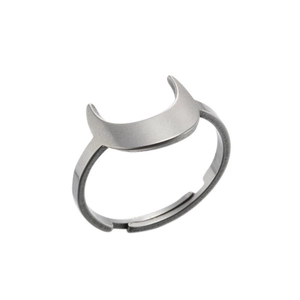 Detailed close-up of a silver adjustable stainless steel ring with geometric arc design