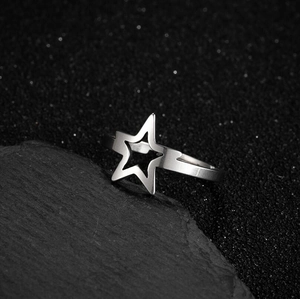 Minimalist silver stainless steel open ring with a hollow pentagram star design