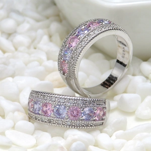Pink and lavender zircon S925 sterling silver wedding rings in elegant beaded style
