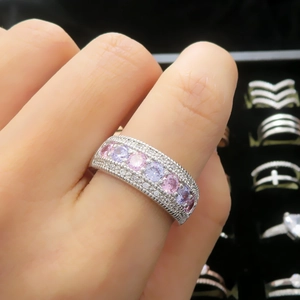 Luxury wide silver band ring featuring alternating pink and purple round-cut zircon stones