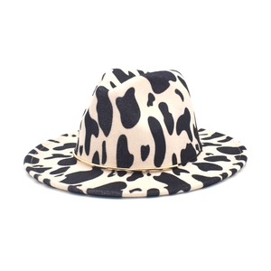 Stylish cow print wool fedora hat with gold metal ring trim for fashion wear