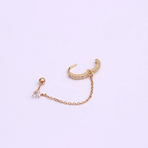 Gold chain drop earring with stainless steel huggie hoop and sparkling CZ stones