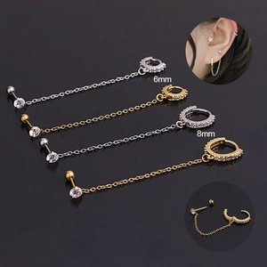 Linked Chain Piercing Earrings With Stainless Steel Earring Post And Copper Zircon Double Hole Mini Jewelry For Women