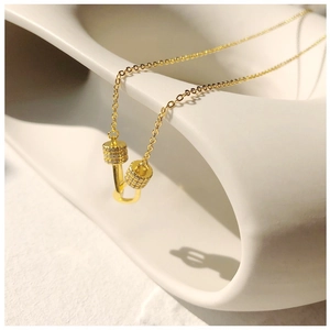 Elegant 925 sterling silver gold necklace with double cylindrical pave zircon pendants