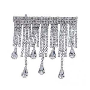 Detail of silver rhinestone hair clip featuring shimmering tassel and teardrop crystals