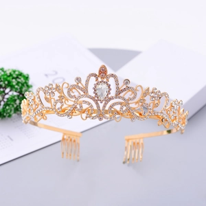 Sparkling crystal bridal crown in golden finish with rhinestones and side combs
