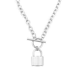 Hip hop titanium steel chain necklace with silver lock pendant and OT clasp on white background
