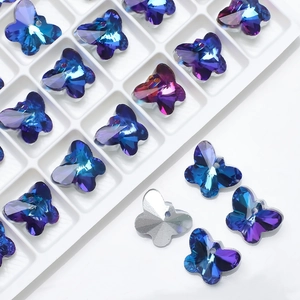 Macro detail of 14mm butterfly crystal pendant with blue-purple gradient and silver base