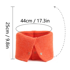 Detail of orange knitted neck gaiter with metal snap buttons and 25x44cm dimensions