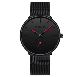 Minimalist all-black quartz watch with stainless steel mesh band and red hands