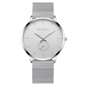 Detailed close-up of Khorasan silver mesh watch with minimalist dial and sub-dial