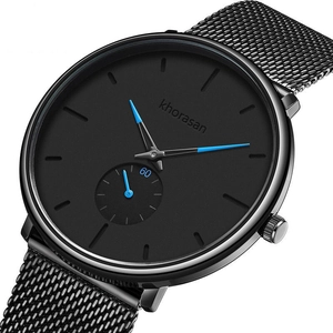 Detail of khorasan men's business watch with black mesh strap and blue hands