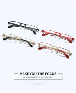Detail of slim metal reading glasses in multiple colors with lightweight frames