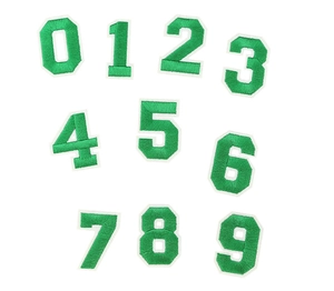 Detailed embroidery texture on green 0-9 number patches with clear needlework