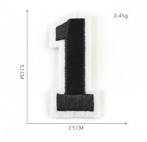 Detail of embroidered number 1 patch in black and white with precise dimensions