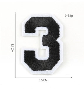Detail of embroidered number 3 patch showing dimensions 5.1cm by 3.5cm on white background