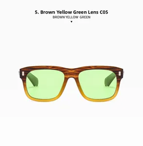 Detail view of square tortoiseshell sunglasses with brown gradient frames and green lenses