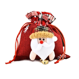 Red Christmas drawstring gift bag with 3D Santa Claus and golden bell on linen fabric