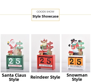 Three-piece wooden Christmas advent calendars featuring Santa, elk, and snowman designs