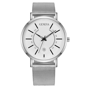 Minimalist silver stainless steel mesh watch for men with white dial and Geneva branding