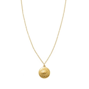 Golden stainless steel necklace featuring a sunburst evil eye round pendant on a fine chain