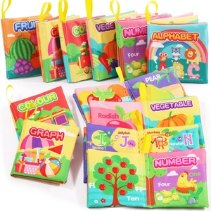 Set of colorful educational baby cloth books with alphabet, numbers and hanging loops