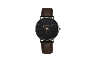 Detail of Geneva quartz watch featuring brown leather strap and black dial with gold hands