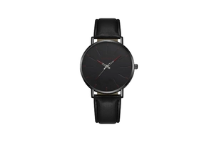 Detail of Geneva quartz watch featuring a black dial with red indices and leather strap