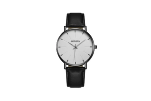 Detailed macro view of white Geneva watch dial with black leather strap and metal case
