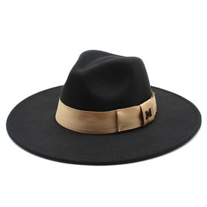 Classic black wool fedora hat with wide brim and gold M logo ribbon detail for men and women