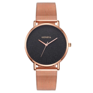 Fashion Geneva men's quartz watch with rose gold mesh band and black minimalist dial