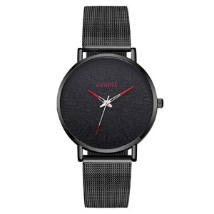 Fashion Geneva men's watch with black mesh strap and red hands on a textured dial