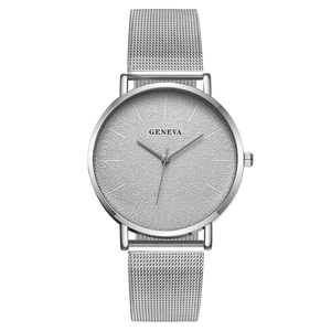 Geneva minimalist silver quartz watch with mesh stainless steel strap on white background