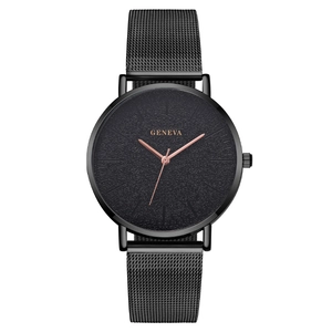 Minimalist black Geneva quartz watch for men with Milanese mesh strap and rose gold hands