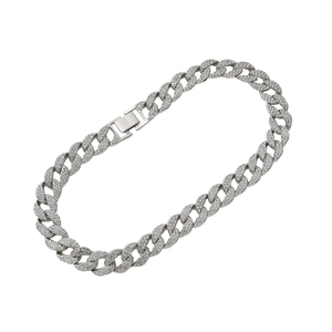 Bracciale cubano argento con strass scintillanti e chiusura a scatto su sfondo bianco