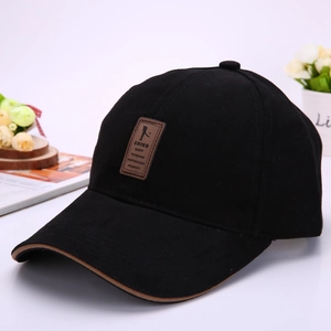Classic black baseball cap with brown leather patch and stylish brim piping detail