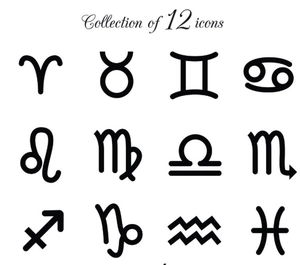 Minimalist black linear 12 zodiac icons set with astrological signs on white background