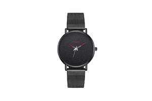 Close-up of Geneva men's watch featuring a black textured dial and red hands with mesh strap